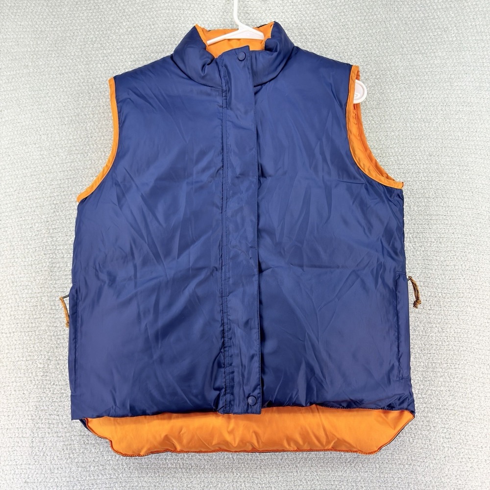 LL Bean Goose Down Puffer Vest Womens Small Blue Orange Reversible Full Zip FLAW